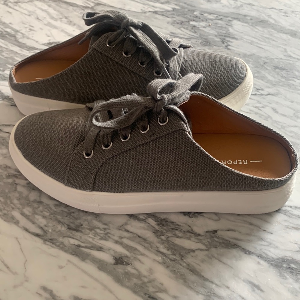 Sneaker slide on , backless casual sneakers lace up gray cloth